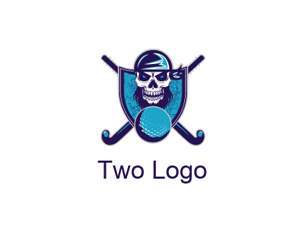 hockey stick behind skull wearing bandana and ball in shield