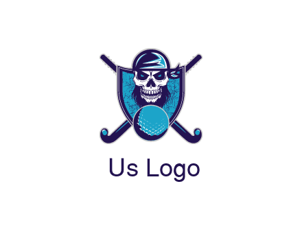 hockey stick behind skull wearing bandana and ball in shield