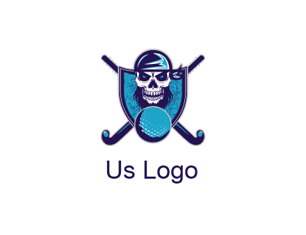 hockey stick behind skull wearing bandana and ball in shield