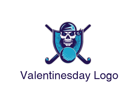 hockey stick behind skull wearing bandana and ball in shield
