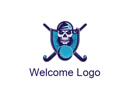 hockey stick behind skull wearing bandana and ball in shield
