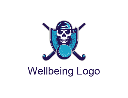 hockey stick behind skull wearing bandana and ball in shield