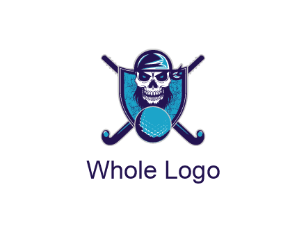 hockey stick behind skull wearing bandana and ball in shield