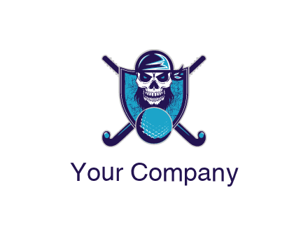 hockey stick behind skull wearing bandana and ball in shield