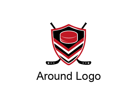 hockey sticks behind shield with hockey puck