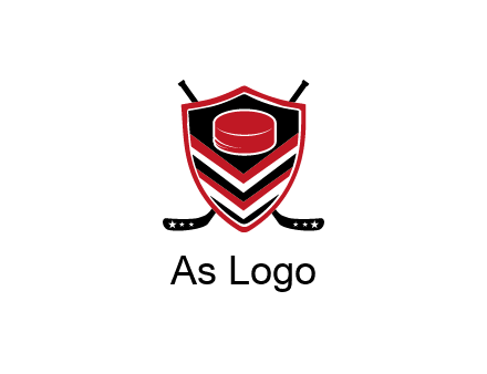 hockey sticks behind shield with hockey puck