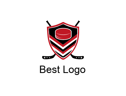 hockey sticks behind shield with hockey puck