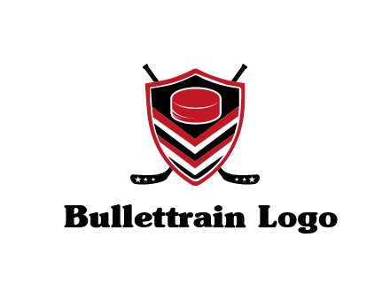 hockey sticks behind shield with hockey puck
