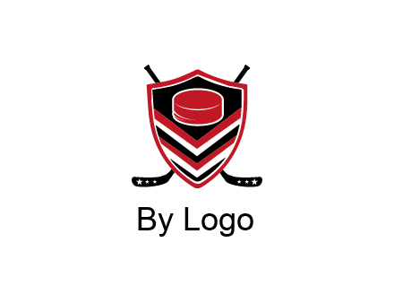 hockey sticks behind shield with hockey puck
