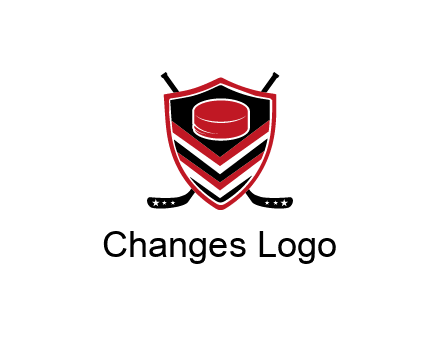 hockey sticks behind shield with hockey puck