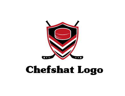 hockey sticks behind shield with hockey puck