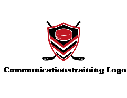 hockey sticks behind shield with hockey puck