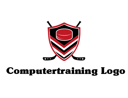 hockey sticks behind shield with hockey puck