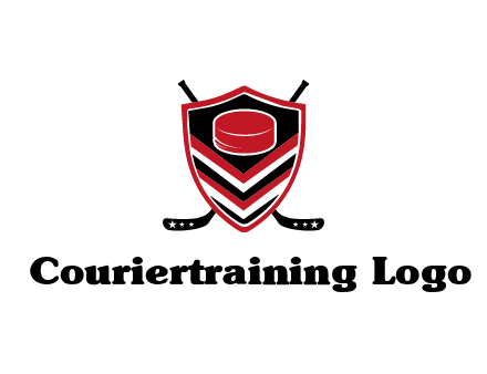 hockey sticks behind shield with hockey puck