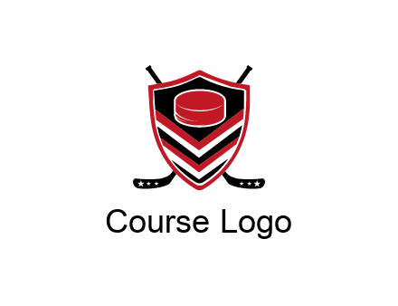 hockey sticks behind shield with hockey puck