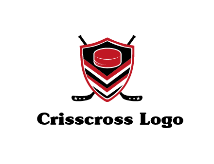 hockey sticks behind shield with hockey puck