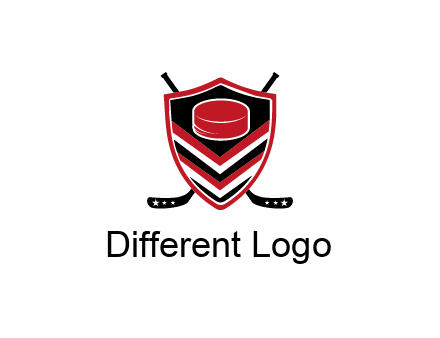 hockey sticks behind shield with hockey puck