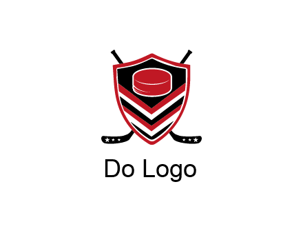 hockey sticks behind shield with hockey puck