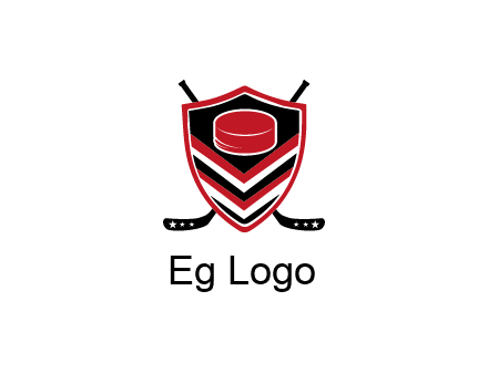 hockey sticks behind shield with hockey puck