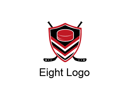 hockey sticks behind shield with hockey puck