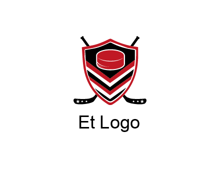 hockey sticks behind shield with hockey puck