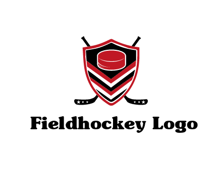 hockey sticks behind shield with hockey puck