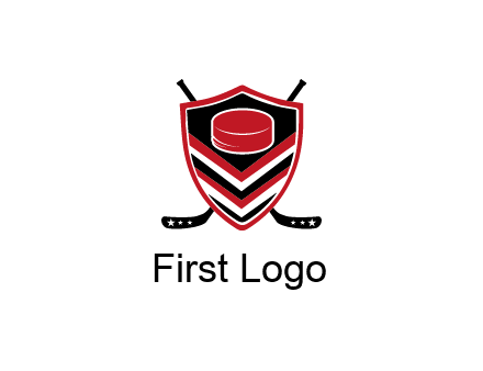 hockey sticks behind shield with hockey puck