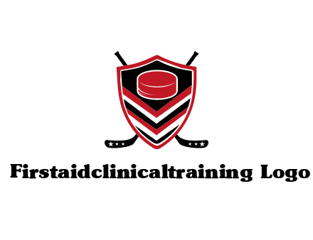 hockey sticks behind shield with hockey puck