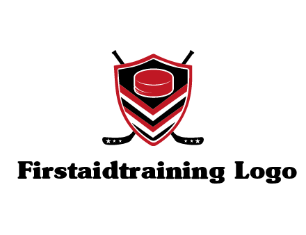 hockey sticks behind shield with hockey puck