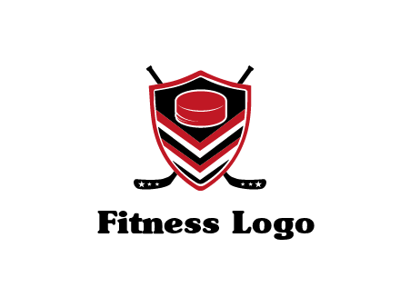 hockey sticks behind shield with hockey puck