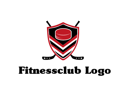 hockey sticks behind shield with hockey puck