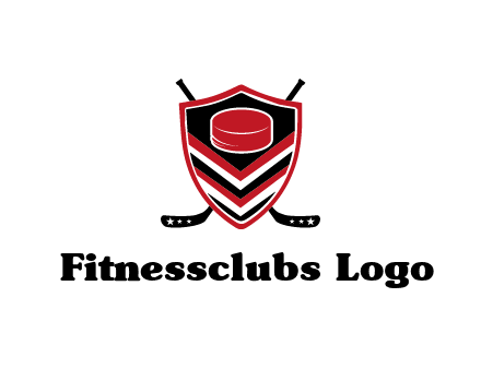 hockey sticks behind shield with hockey puck