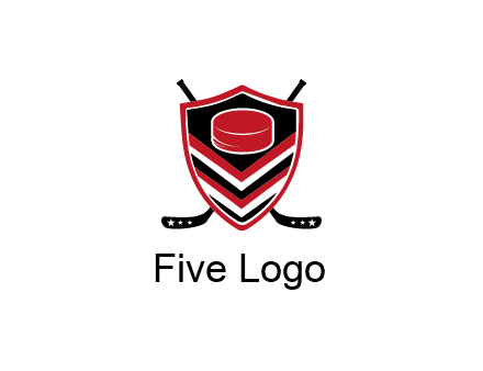 hockey sticks behind shield with hockey puck