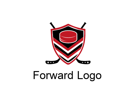 hockey sticks behind shield with hockey puck