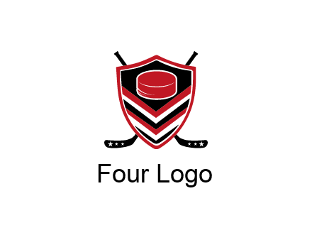 hockey sticks behind shield with hockey puck