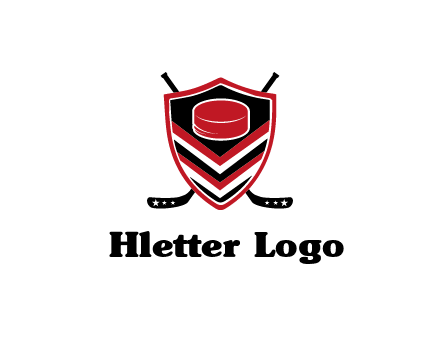 hockey sticks behind shield with hockey puck