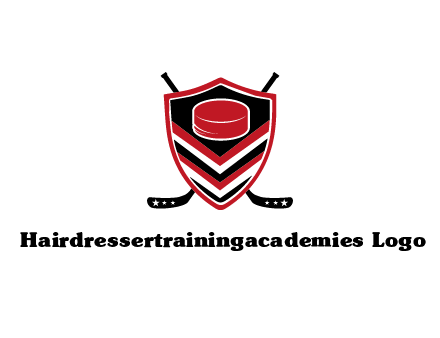 hockey sticks behind shield with hockey puck