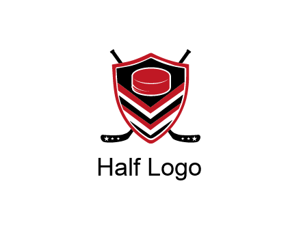 hockey sticks behind shield with hockey puck