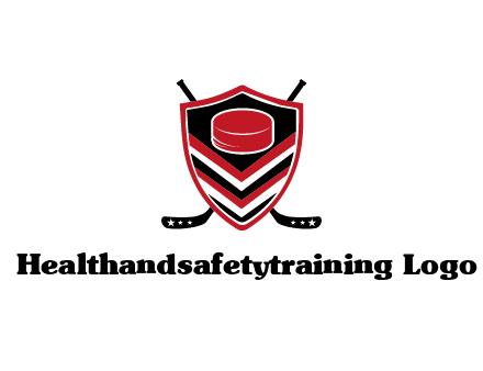 hockey sticks behind shield with hockey puck
