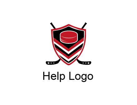 hockey sticks behind shield with hockey puck