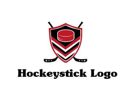 hockey sticks behind shield with hockey puck