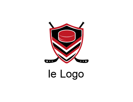 hockey sticks behind shield with hockey puck