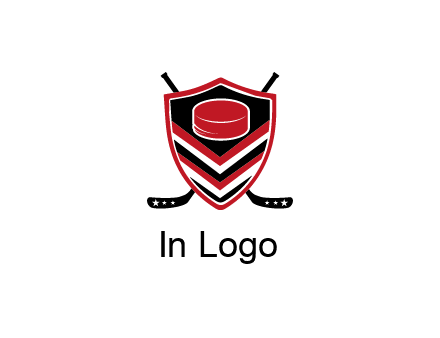 hockey sticks behind shield with hockey puck
