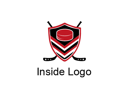 hockey sticks behind shield with hockey puck