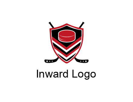hockey sticks behind shield with hockey puck