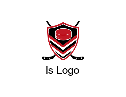 hockey sticks behind shield with hockey puck