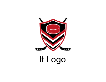 hockey sticks behind shield with hockey puck