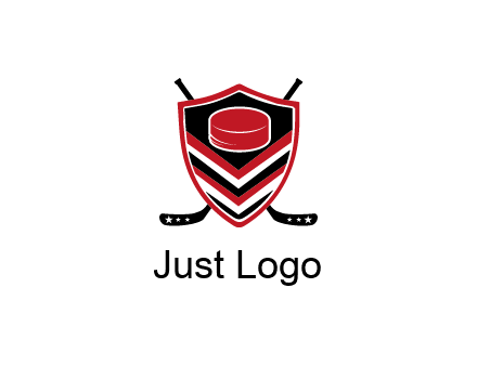 hockey sticks behind shield with hockey puck