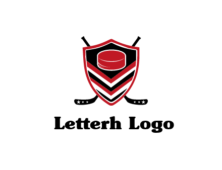 hockey sticks behind shield with hockey puck