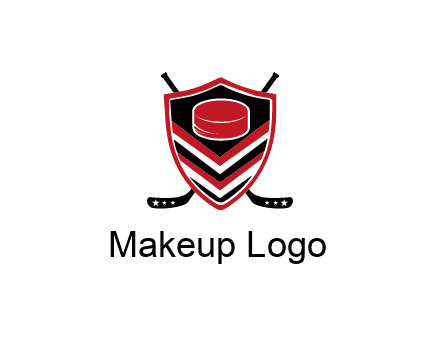 hockey sticks behind shield with hockey puck